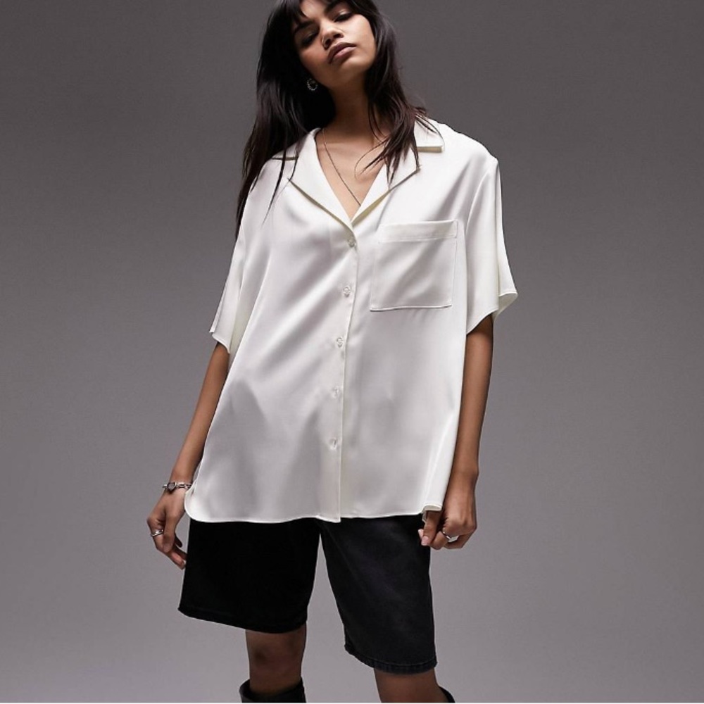 Topshop satin oversized shirt in ivory, 14